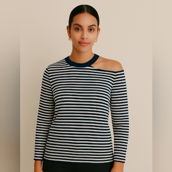 PrettyGarden Striped Cold Shoulder Long Sleeve Tee Shirt Top Black White Large - Picture 1 of 9